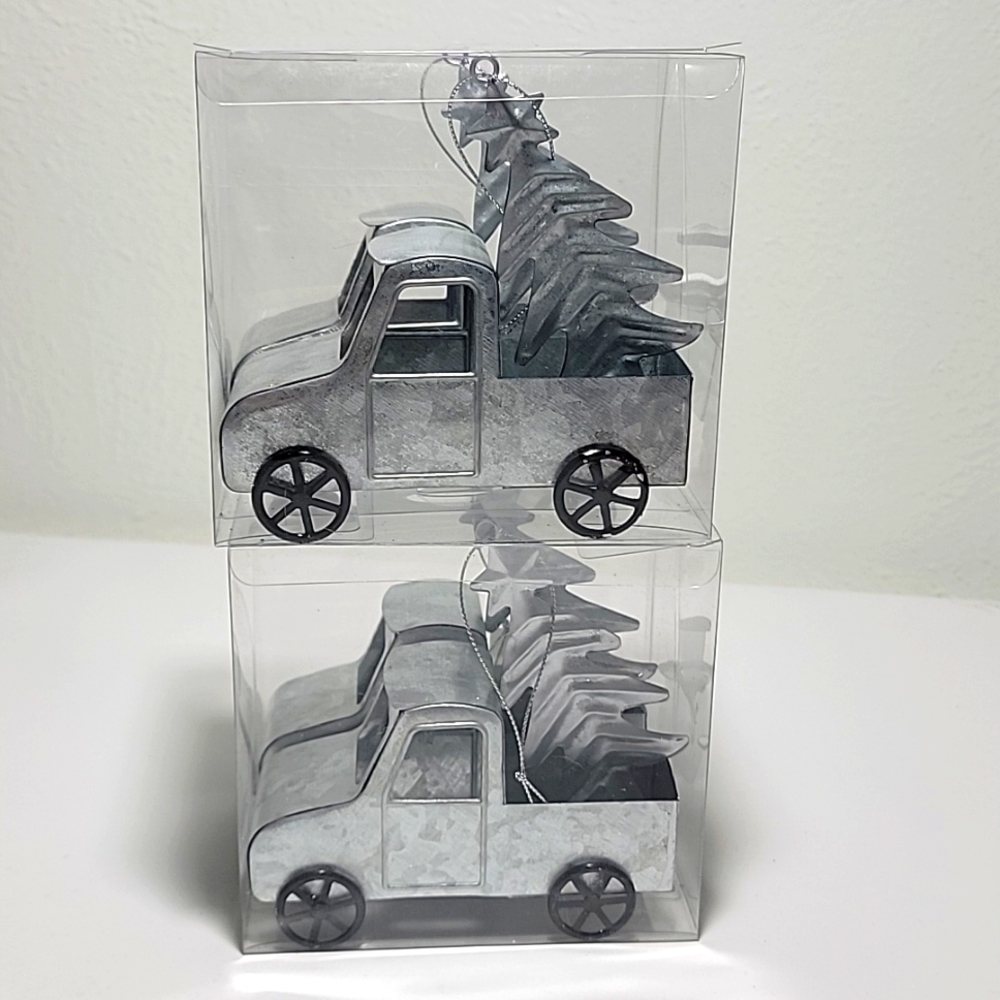 New Metal Silver Pickup Truck w/ Tree Ornaments Tin Ornament 4 Total